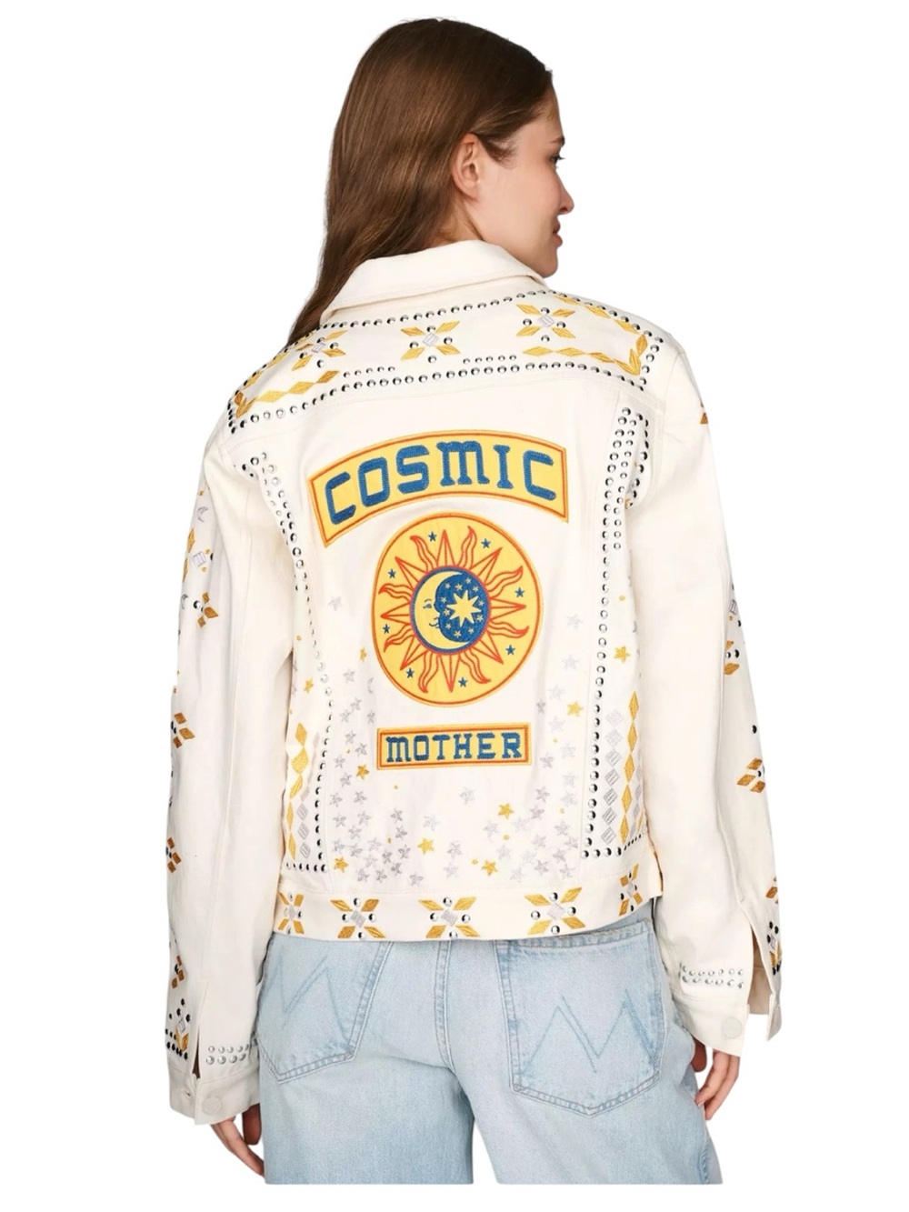 MOTHER The Bruiser Cosmic Studded Embroidered Denim Jacket Cream S $390